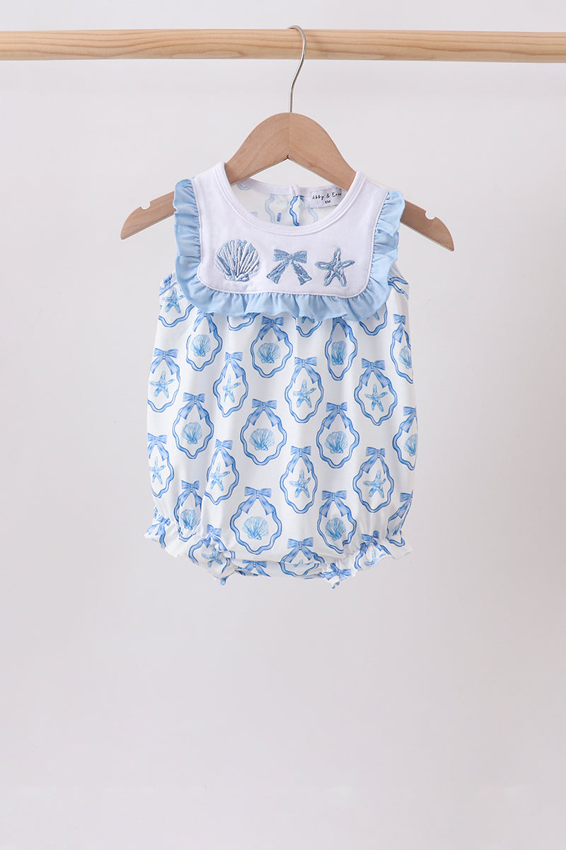 Girls' Shell Embroidered Ruffle Bubble Romper in Blue