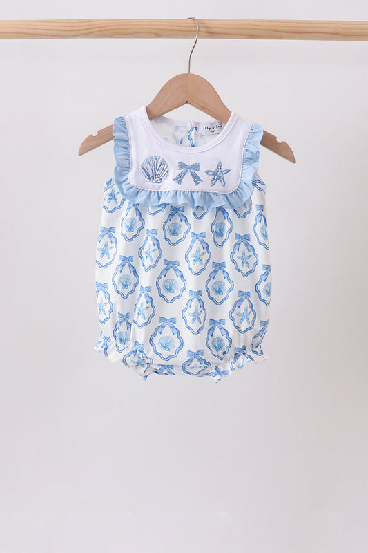 Girls' Shell Embroidered Ruffle Bubble Romper in Blue