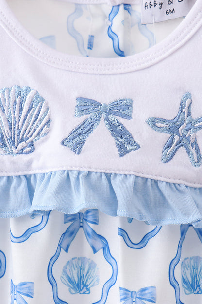 Girls' Shell Embroidered Ruffle Bubble Romper in Blue