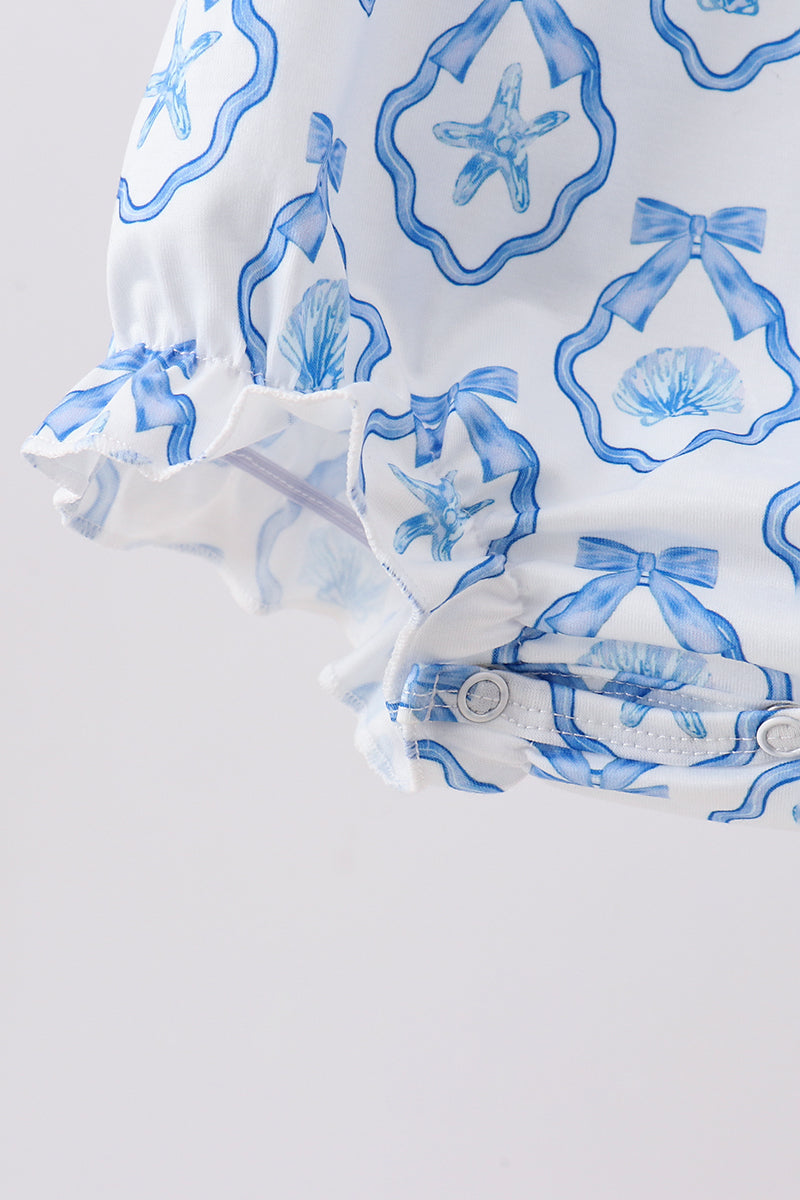Girls' Shell Embroidered Ruffle Bubble Romper in Blue