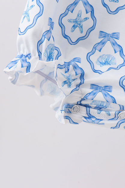 Girls' Shell Embroidered Ruffle Bubble Romper in Blue