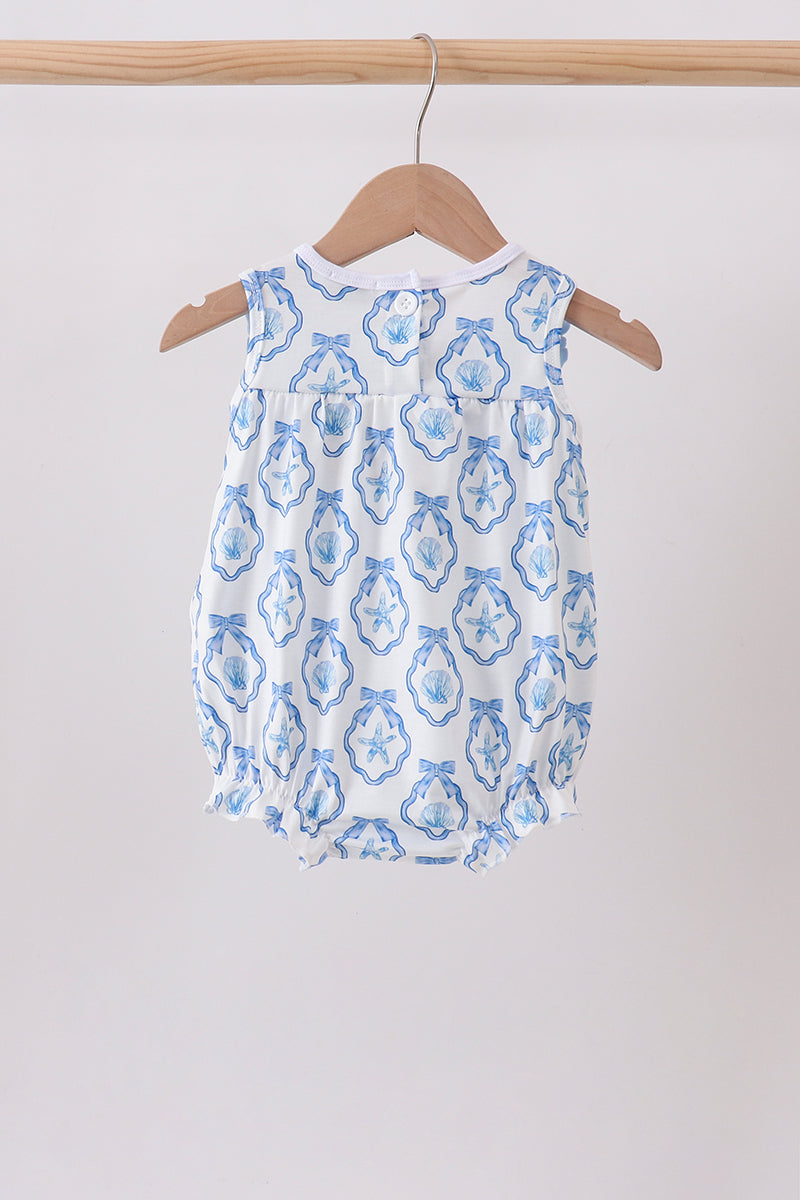 Girls' Shell Embroidered Ruffle Bubble Romper in Blue