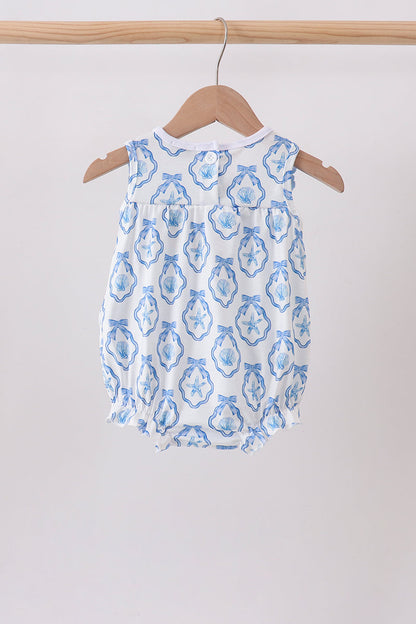 Girls' Shell Embroidered Ruffle Bubble Romper in Blue