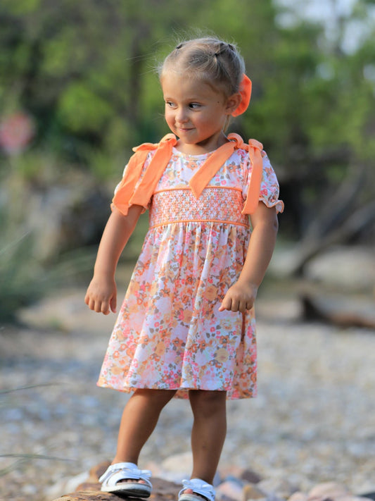 Girls Peach Floral Smocked Dress | Bow Shoulder Puff Sleeve Boutique