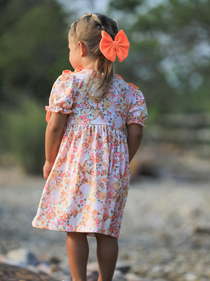 Girls Peach Floral Smocked Dress | Bow Shoulder Puff Sleeve Boutique
