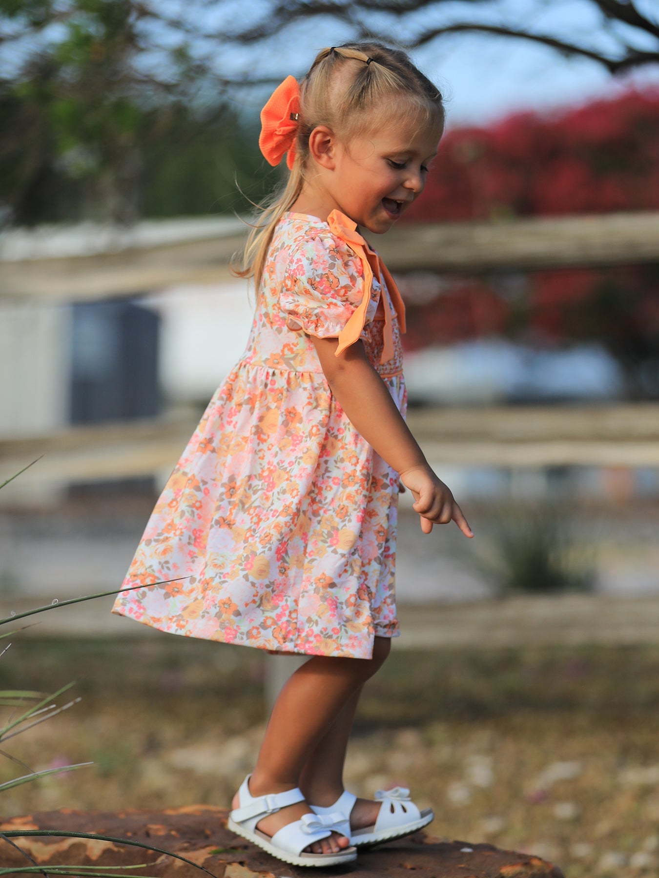 Girls Peach Floral Smocked Dress | Bow Shoulder Puff Sleeve Boutique