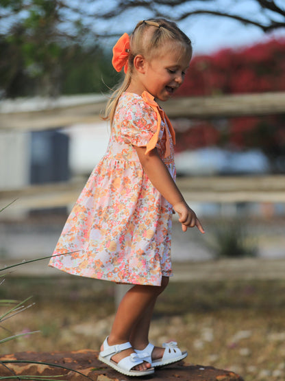 Girls Peach Floral Smocked Dress | Bow Shoulder Puff Sleeve Boutique