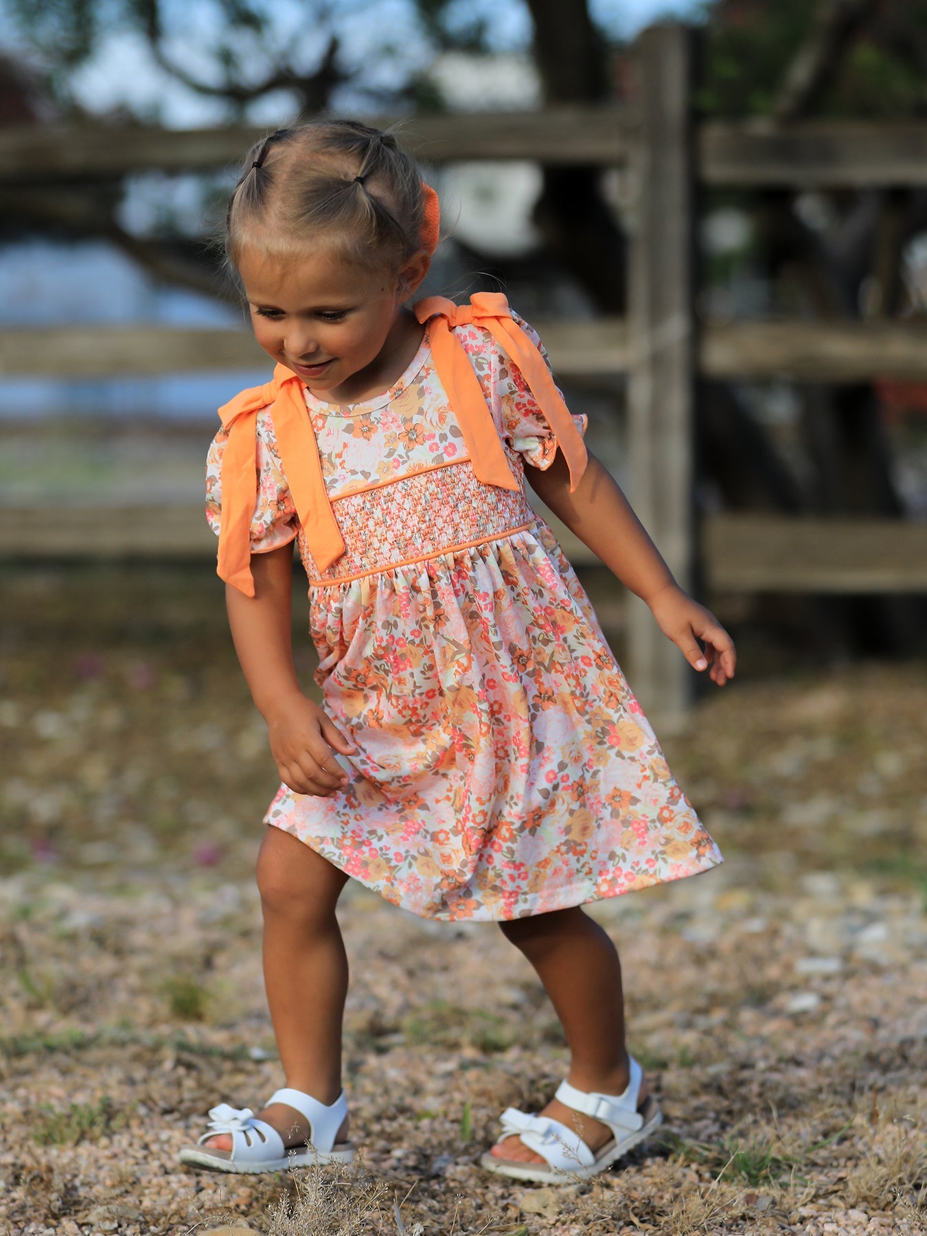 Girls Peach Floral Smocked Dress | Bow Shoulder Puff Sleeve Boutique