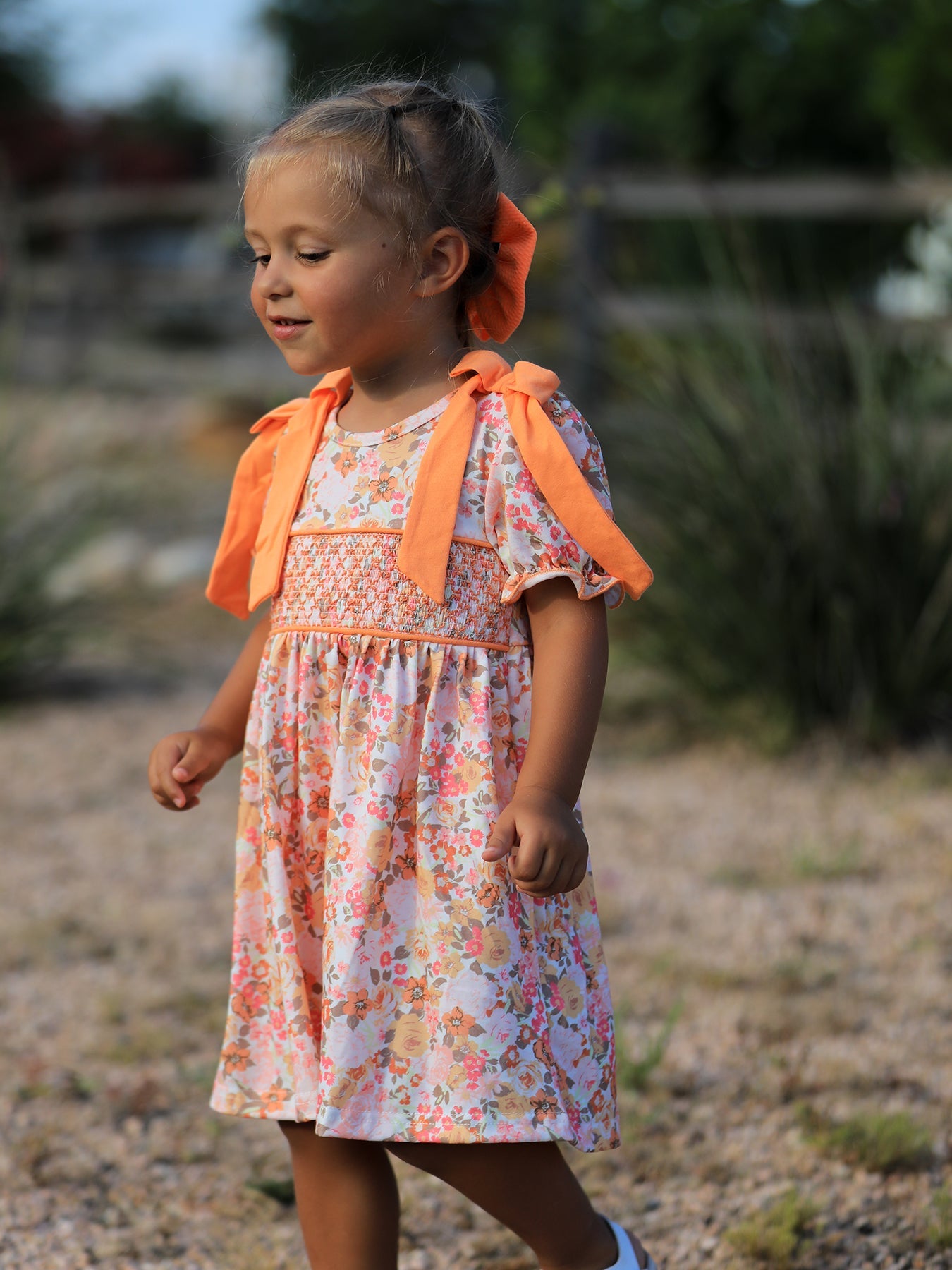 Girls Peach Floral Smocked Dress | Bow Shoulder Puff Sleeve Boutique
