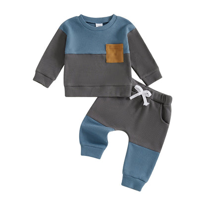 Boys Waffle Knit Color Block Top & Pants Set | Casual Two-Piece