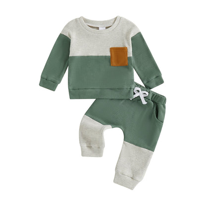 Boys Waffle Knit Color Block Top & Pants Set | Casual Two-Piece
