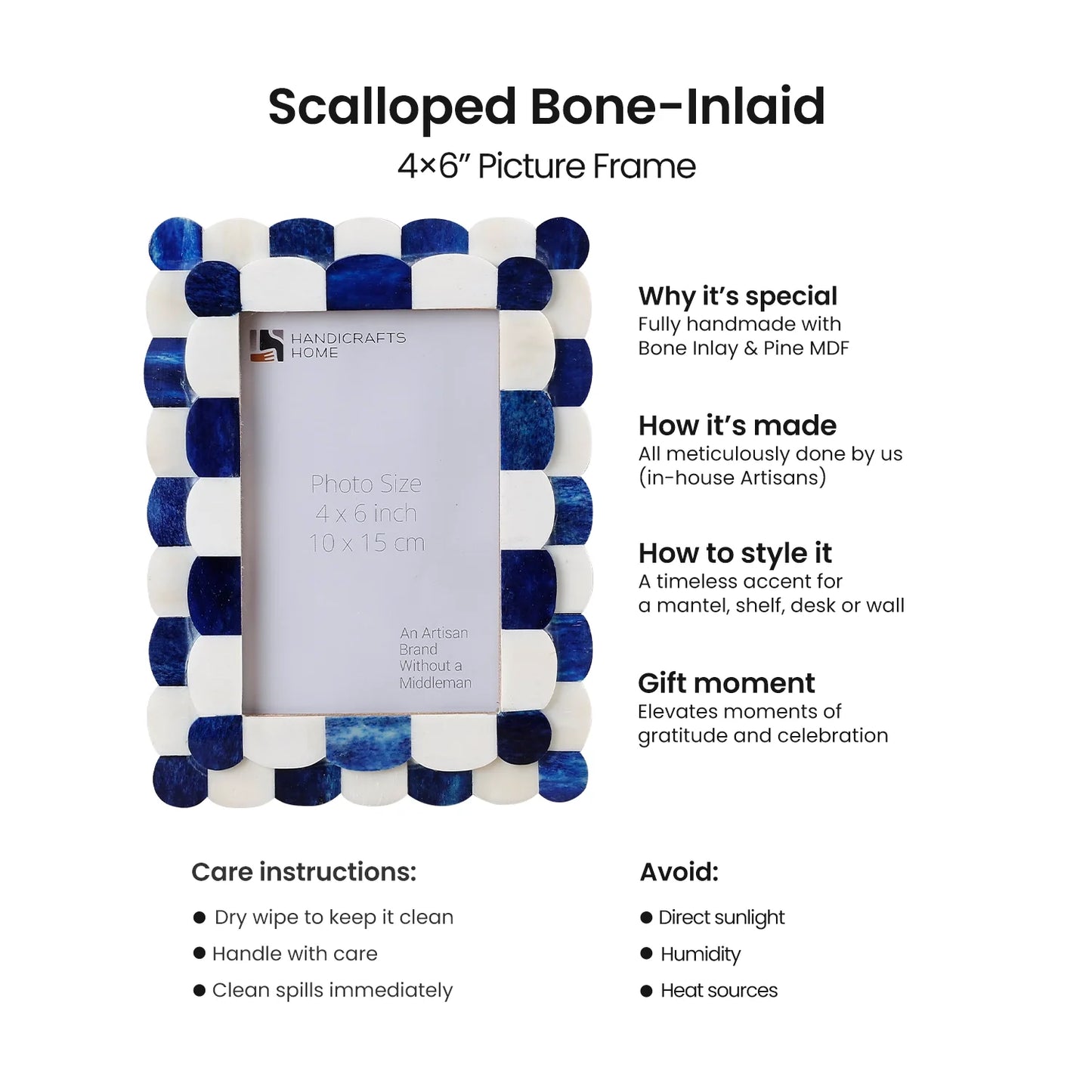 Picture Frame Scalloped Art Collection Bone Inlay Blue White 3 Sizes