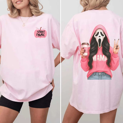 Pink Spooky Mama Halloween T-Shirt - Ghost Mama Crewneck, Fall Coffee Tee