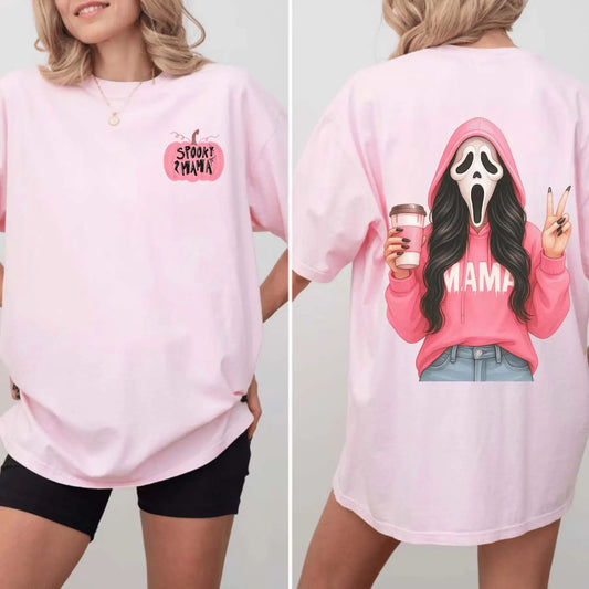 Pink Spooky Mama Halloween T-Shirt - Ghost Mama Crewneck, Fall Coffee Tee
