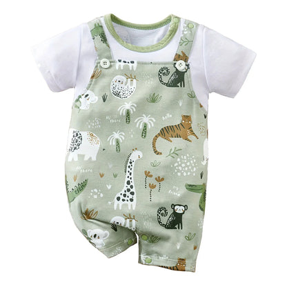 Baby Boy Zoo Animal Print Romper | Newborn Short Sleeve Bodysuit 0-12M