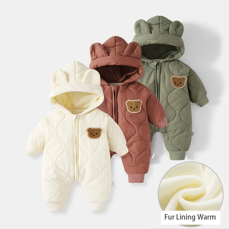Baby Winter Romper – Fur-Lined Cartoon Bear Jumpsuit for Infants & Toddlers