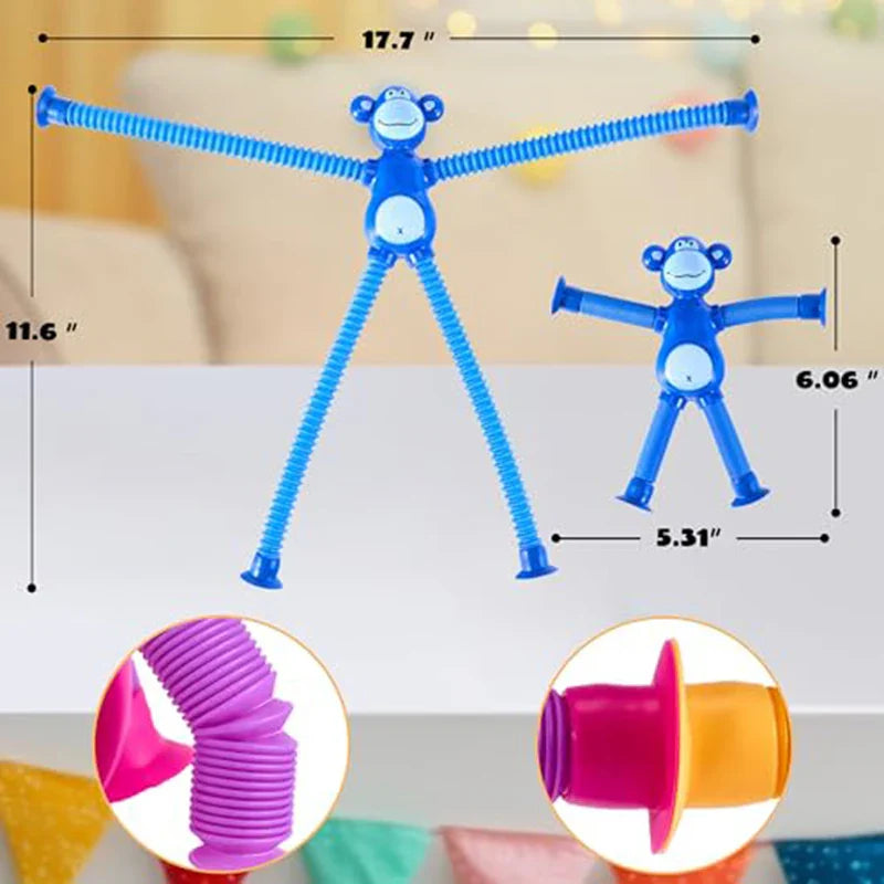 Suction Cup Monkey Pop Tubes Fidget Toy | Stress Relief Sensory Toy for Kids and Adults