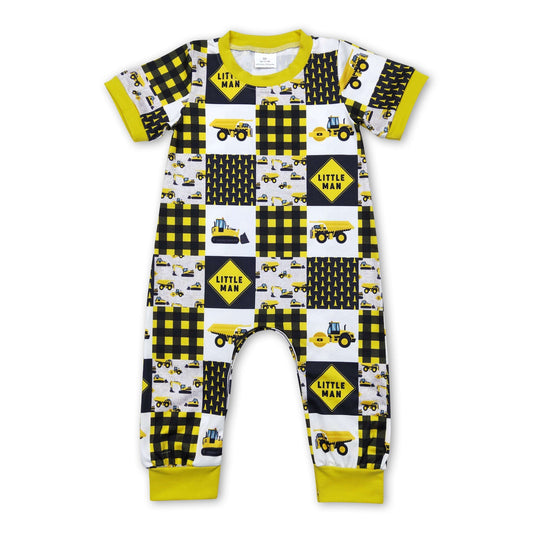 Baby Boy Yellow Plaid Construction Print Romper | Little Man