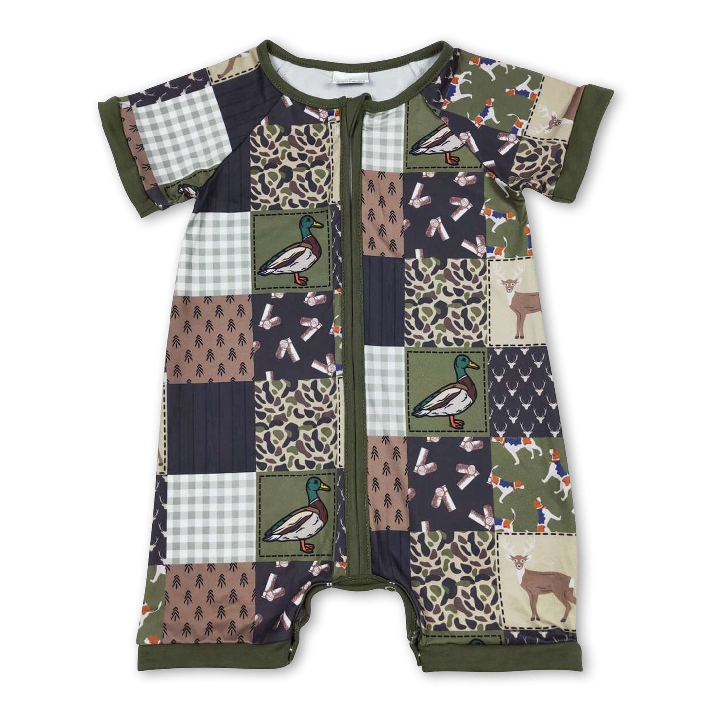 Baby Boy Olive Patchwork Romper | Duck, Dog & Deer Print
