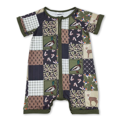 Baby Boy Olive Patchwork Romper | Duck, Dog & Deer Print
