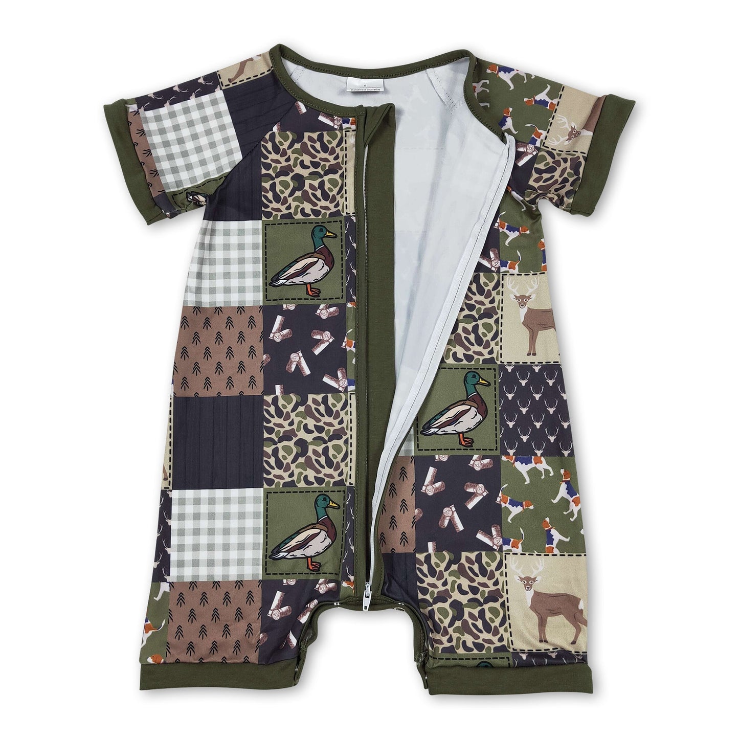 Baby Boy Olive Patchwork Romper | Duck, Dog & Deer Print