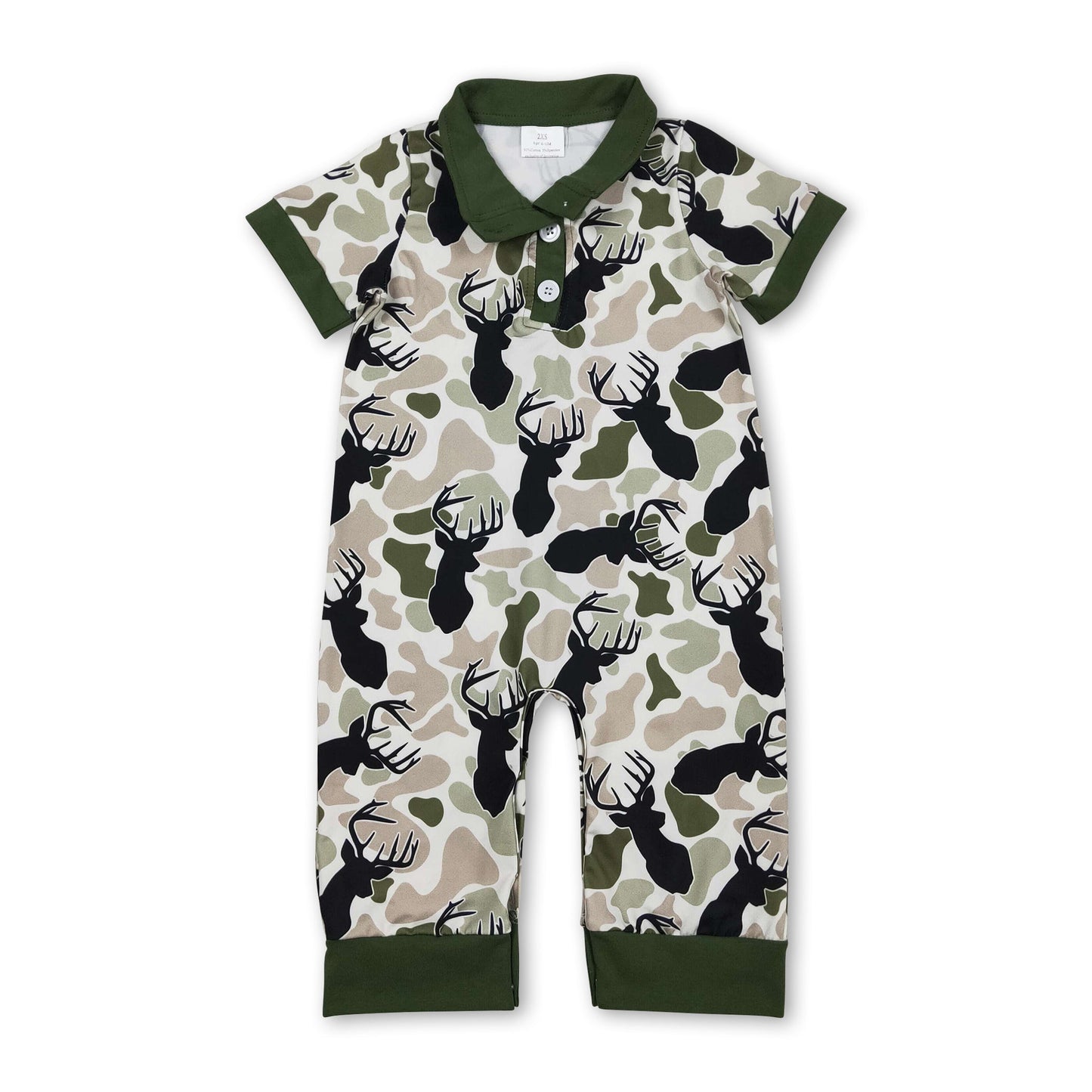 Green Camo Deer Baby Boy Polo Romper | Short Sleeve Infant Outfit