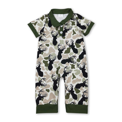 Green Camo Deer Baby Boy Polo Romper | Short Sleeve Infant Outfit
