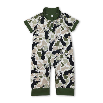 Green Camo Deer Baby Boy Polo Romper | Short Sleeve Infant Outfit