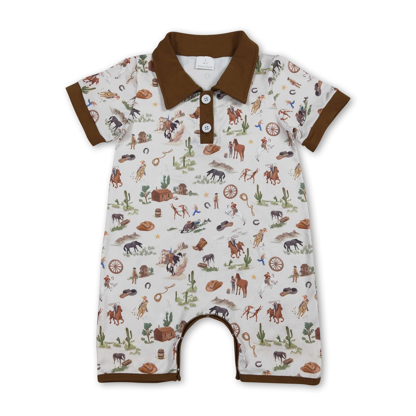 Baby Boy Brown Cactus Western Rodeo Romper | Short Sleeve