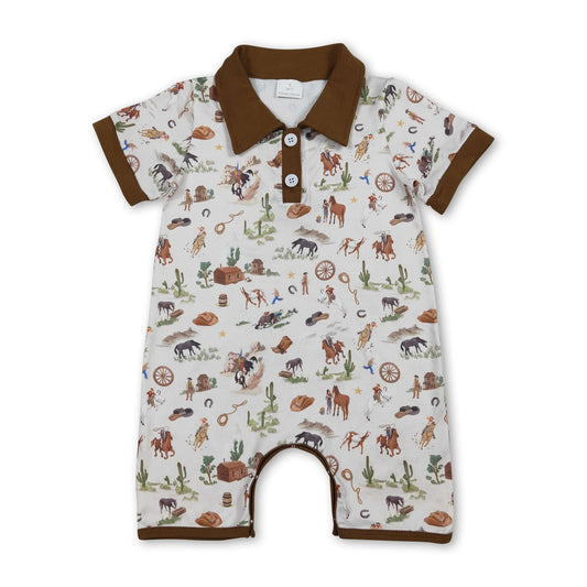 Baby Boy Brown Cactus Western Rodeo Romper | Short Sleeve