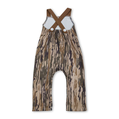 Baby Boy Brown Camo Deer Embroidery Jumpsuit with Pocket & Straps