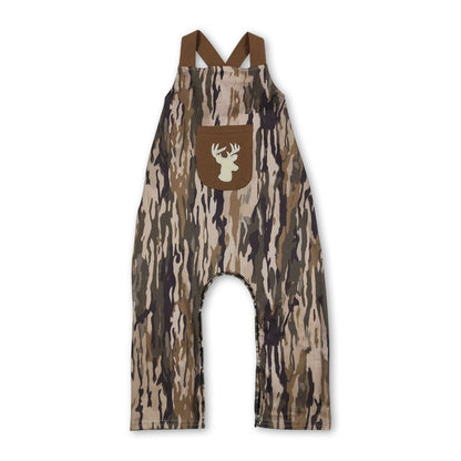 Baby Boy Brown Camo Deer Embroidery Jumpsuit with Pocket & Straps