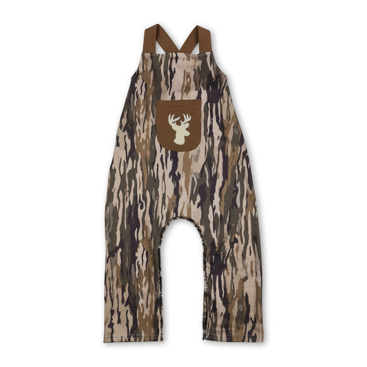 Baby Boy Brown Camo Deer Embroidery Jumpsuit with Pocket & Straps