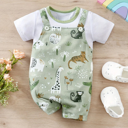 Baby Boy Zoo Animal Print Romper | Newborn Short Sleeve Bodysuit 0-12M