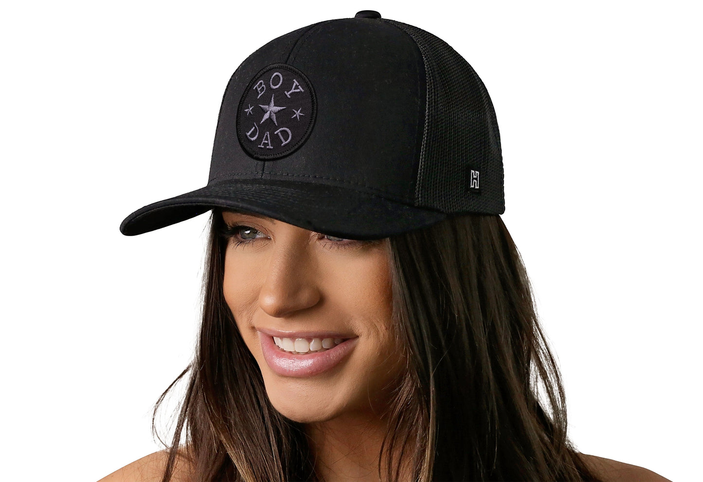 Boy Dad Trucker Hat – Black Snapback | HAKA Leather Patch