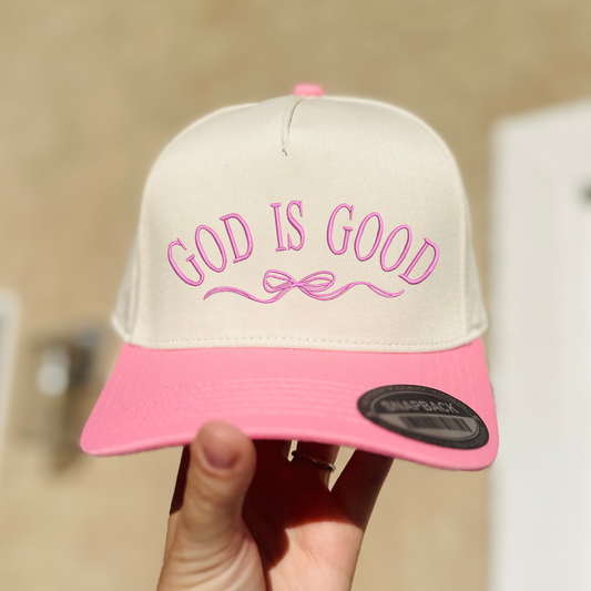 God Is Good Bow Embroidered Snapback Hat – Pink & Cream