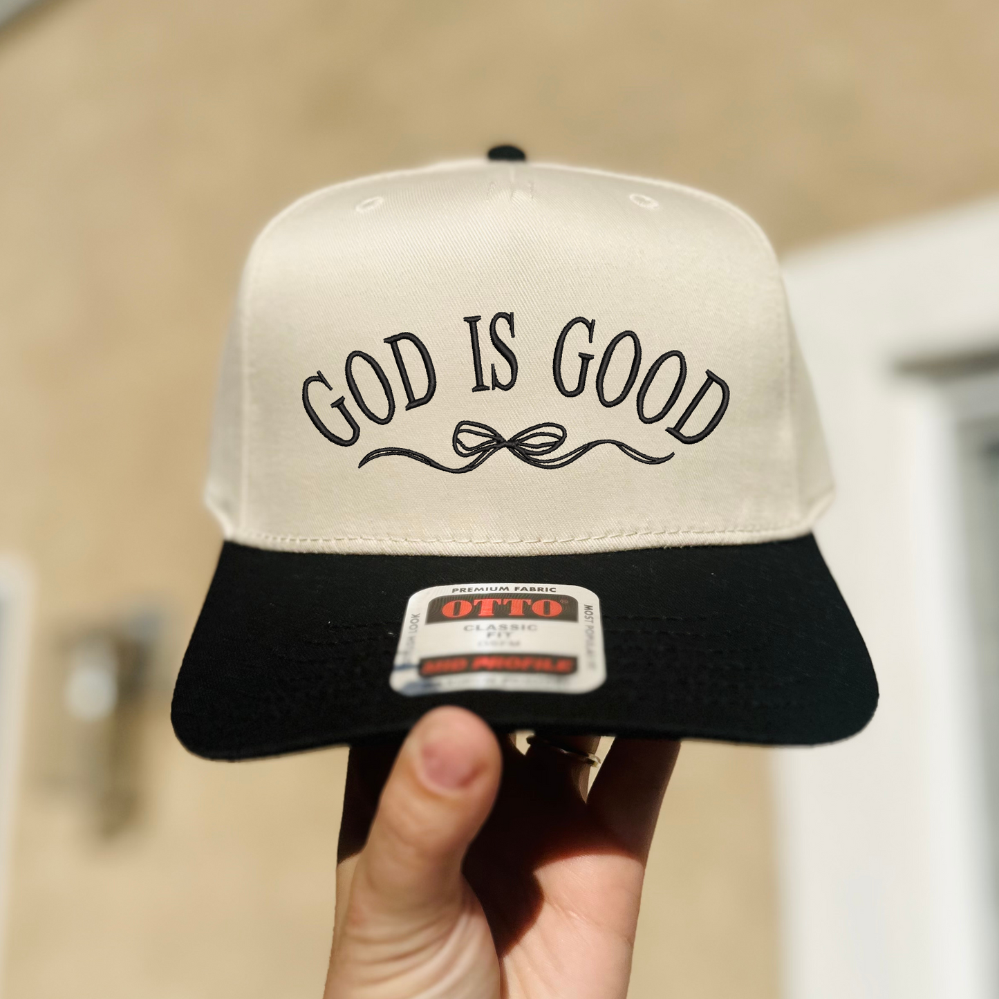 God Is Good Bow Embroidered Snapback Hat – Pink & Cream