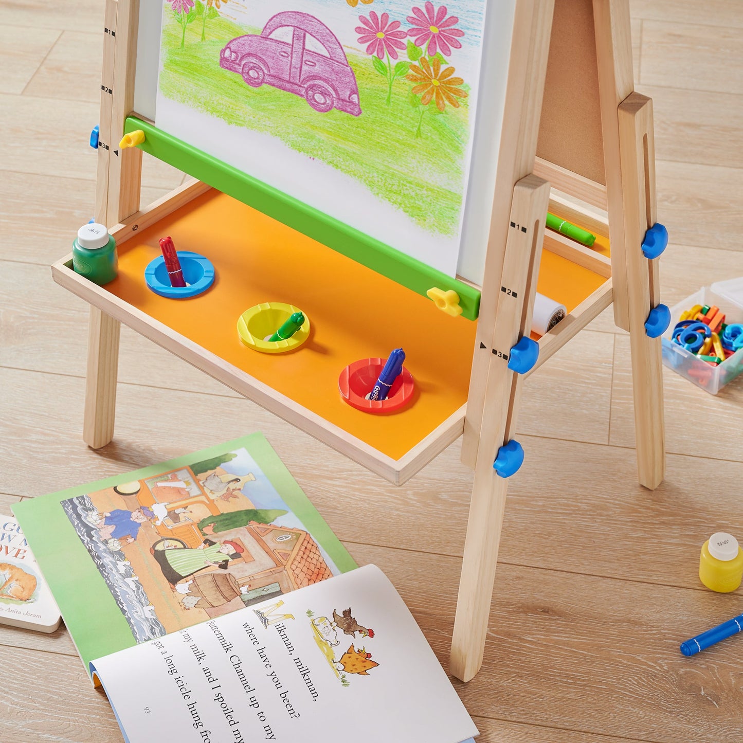 Tiny Land® 3-in-1 Kids Art Easel – Double-Sided Chalkboard & Magnetic Whiteboard with 2 Paper Rolls