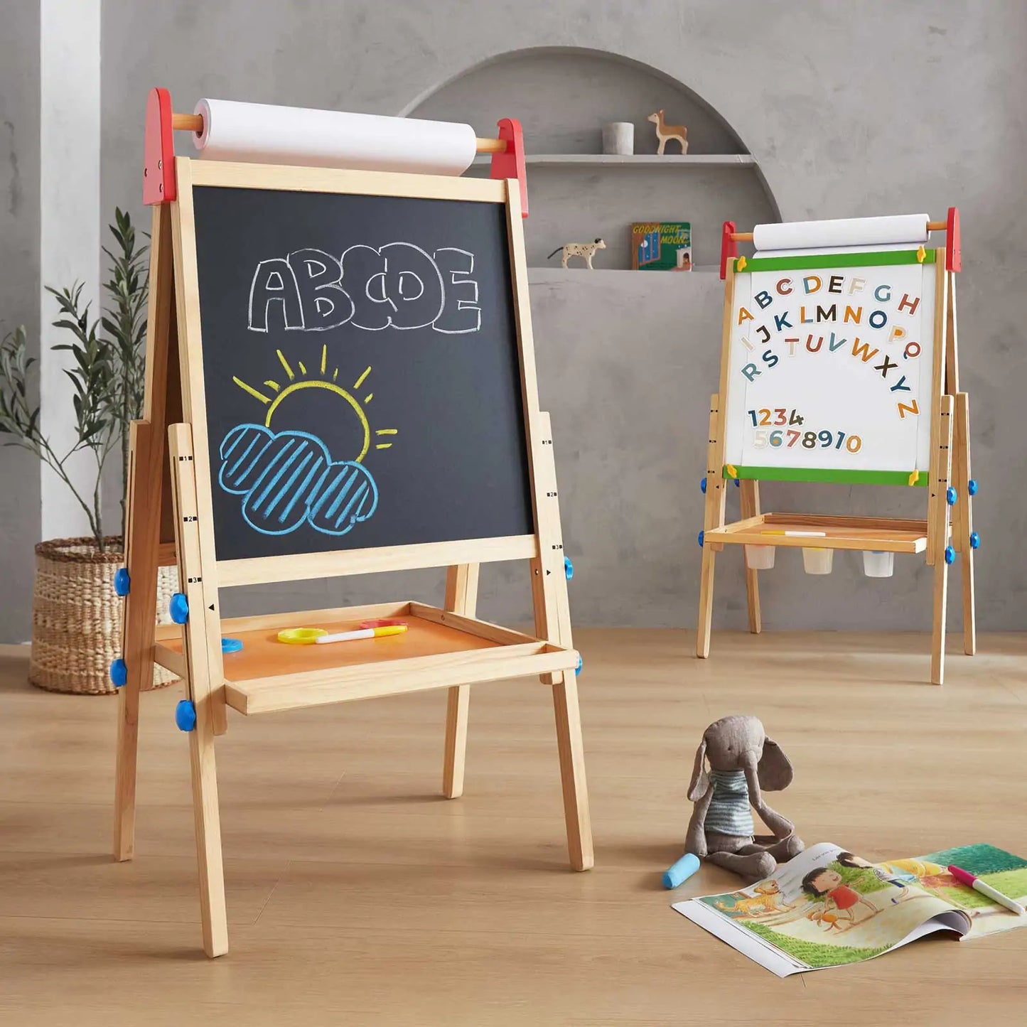 Tiny Land® 3-in-1 Kids Art Easel – Double-Sided Chalkboard & Magnetic Whiteboard with 2 Paper Rolls