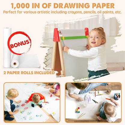 Tiny Land® 3-in-1 Kids Art Easel – Double-Sided Chalkboard & Magnetic Whiteboard with 2 Paper Rolls