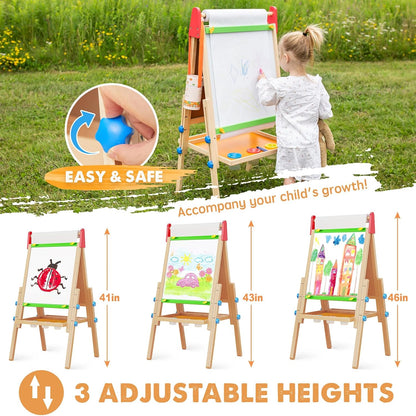 Tiny Land® 3-in-1 Kids Art Easel – Double-Sided Chalkboard & Magnetic Whiteboard with 2 Paper Rolls