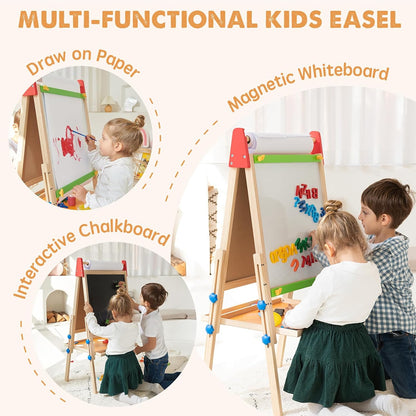 Tiny Land® 3-in-1 Kids Art Easel – Double-Sided Chalkboard & Magnetic Whiteboard with 2 Paper Rolls