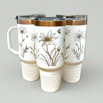 Personalized Wild Floral 40 oz Tumbler – Rose Gold Laser Engraved with Handle & Straw