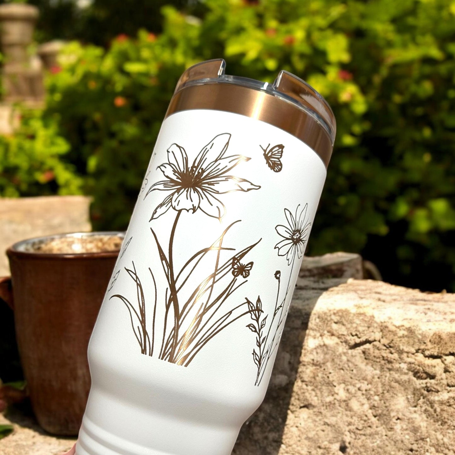 Personalized Wild Floral 40 oz Tumbler – Rose Gold Laser Engraved with Handle & Straw