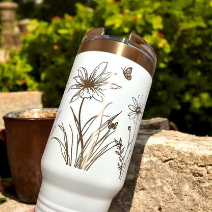 Personalized Wild Floral 40 oz Tumbler – Rose Gold Laser Engraved with Handle & Straw