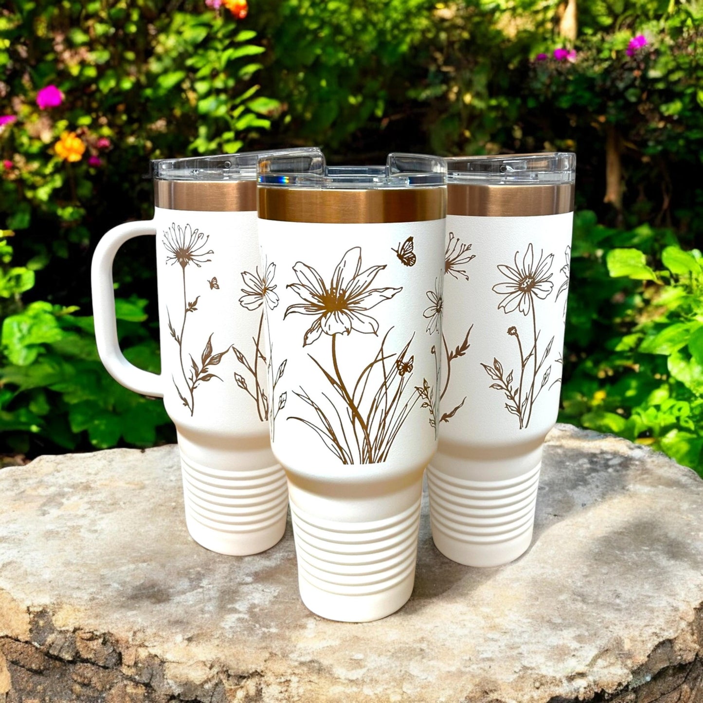 Personalized Wild Floral 40 oz Tumbler – Rose Gold Laser Engraved with Handle & Straw