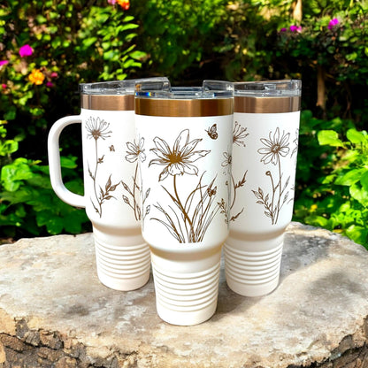 Personalized Wild Floral 40 oz Tumbler – Rose Gold Laser Engraved with Handle & Straw