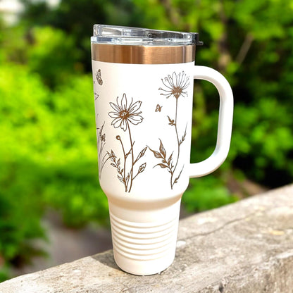 Personalized Wild Floral 40 oz Tumbler – Rose Gold Laser Engraved with Handle & Straw