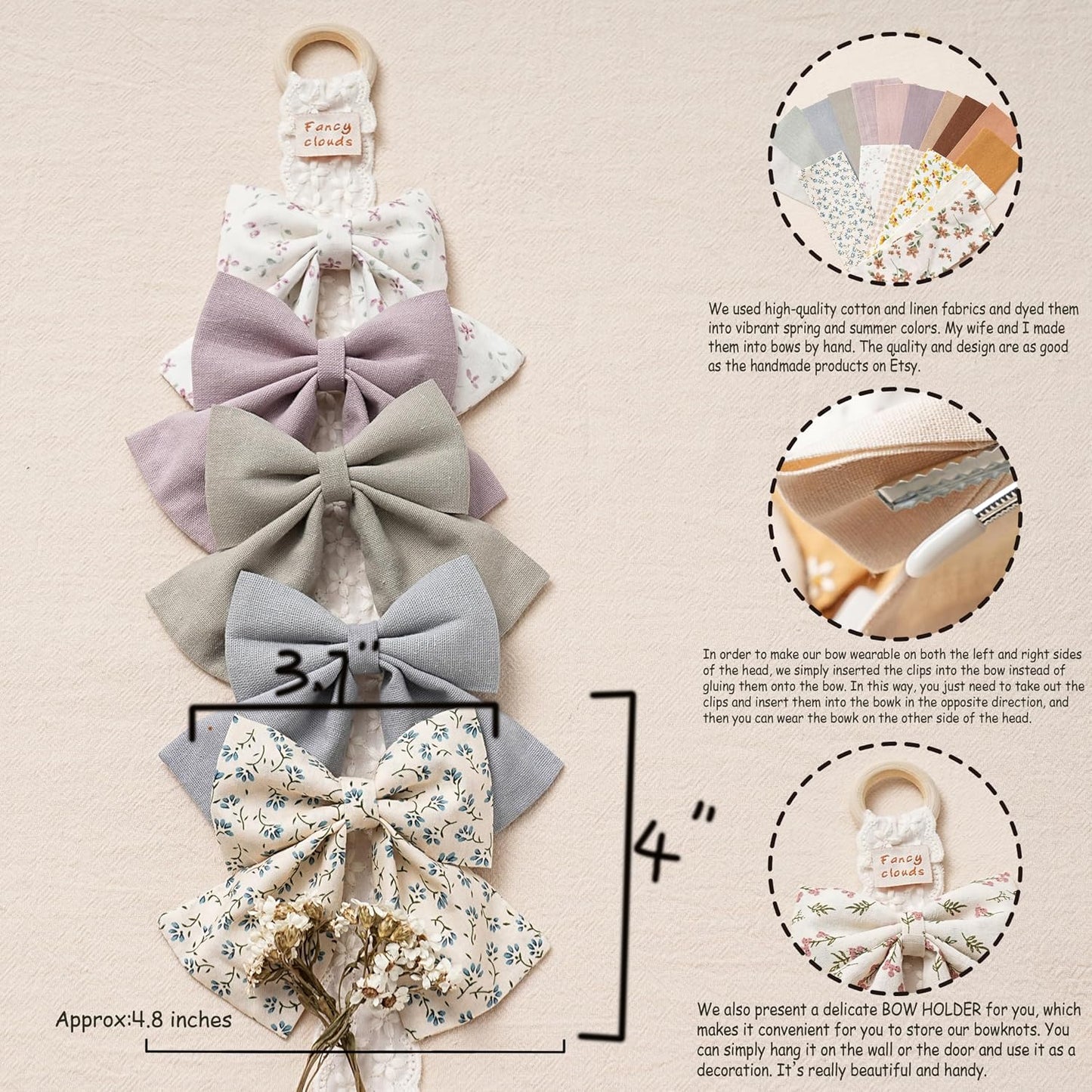 Hair Bows with Hair Clips for Girls Toddler Baby,Handmade 5" Flower Print Embroider Big Bows, Boutique Hair Accessorioes Gifts for School Kids