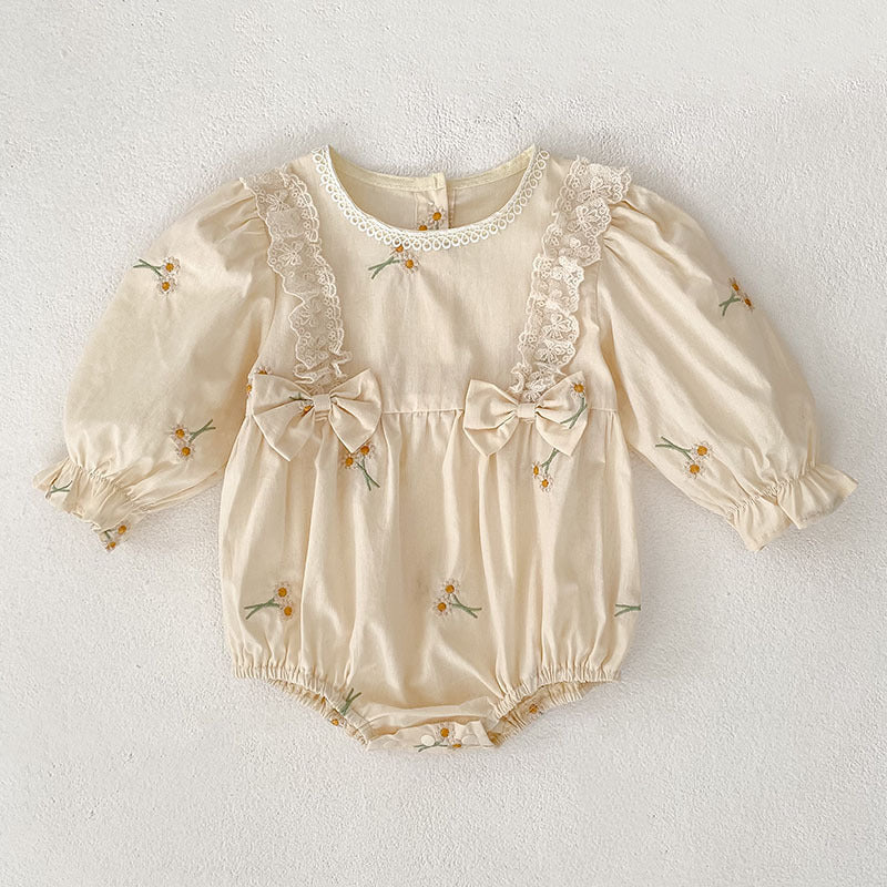 Baby Girl Floral Embroidered Bow Long-Sleeve Dress